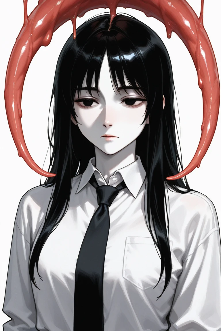 (1girl),solo,long hair,black hair,angry,smile,hair between eyes,(((arachne,black spider))),(white background,line drawing),cowboy shot,(naked)