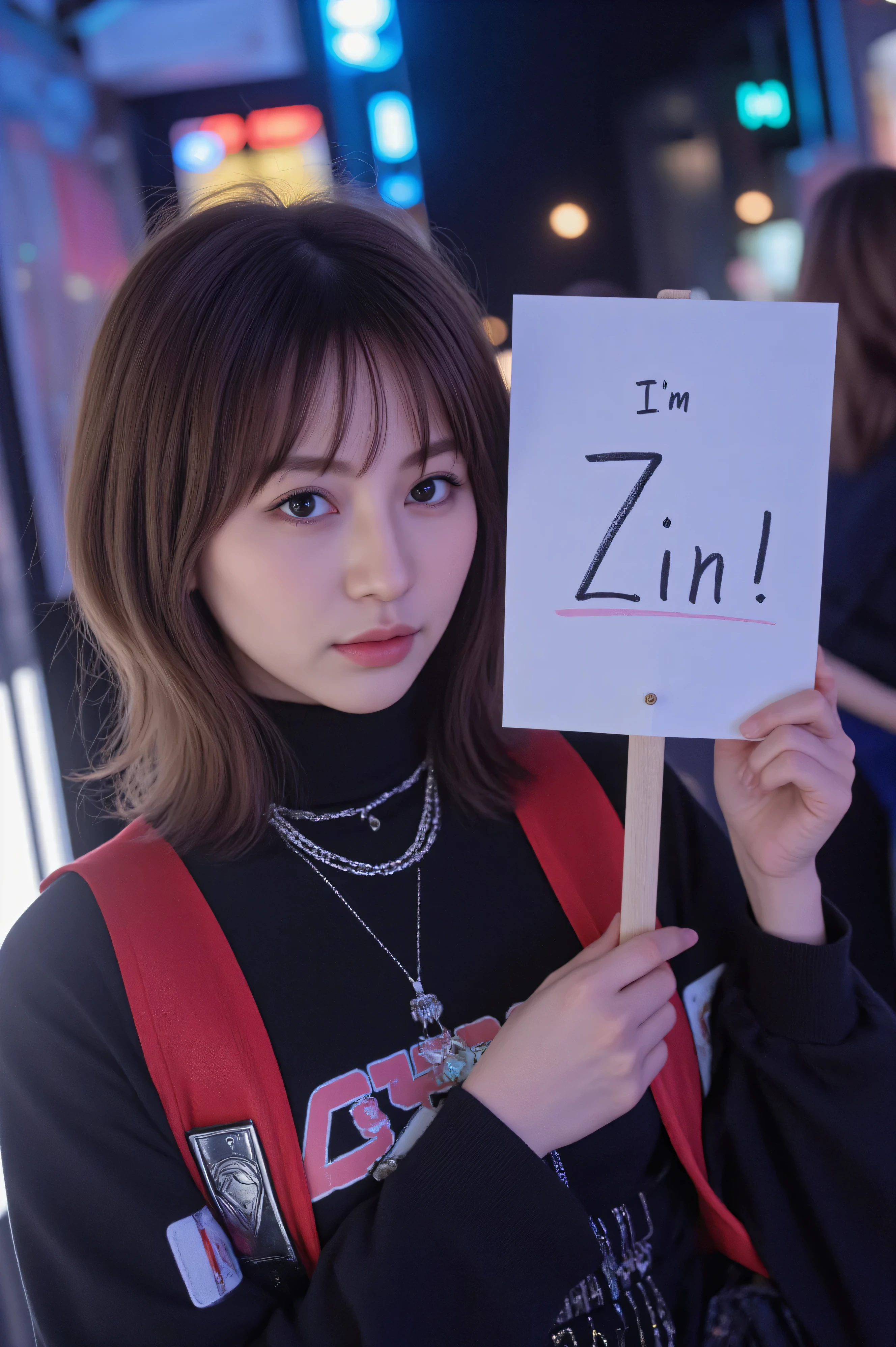 (masterpiece, top quality, 8k, sharp concentration, description depth of the boundary, Best Shadow, Perfect Lighting, high resolution, realistic skin texture, ultra- details background, details), A young and top class beautiful woman from Shibuya「I'm Zin!!」Hold a sign with the letters printed on it、(He is slim, Compensate, eyeliner, glitter), At the nightclub, cyberpunk theme, Cyberpunk City.