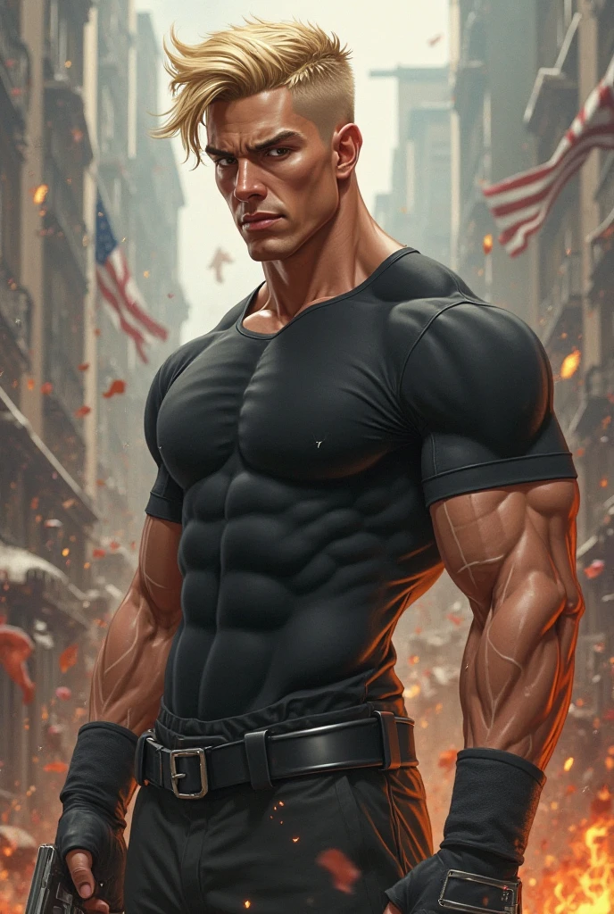 masutepiece、超A high resolution、Powerful images、8K、futuristic city street、In the flames of war、Arnold Schwarzenegger style men、Black bodysuit、macho figure、Spread your hands wide and threaten、Invincible smile、