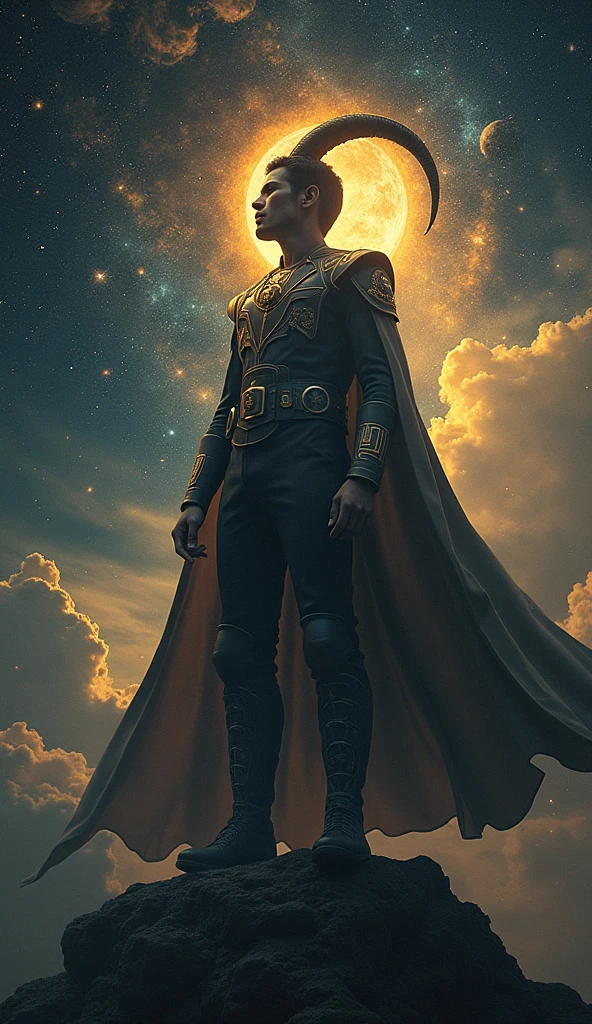 Dark-skinned magical boy in space staring at the earth while he is completely turned away in a more or less modern outfit, a cape and a staff