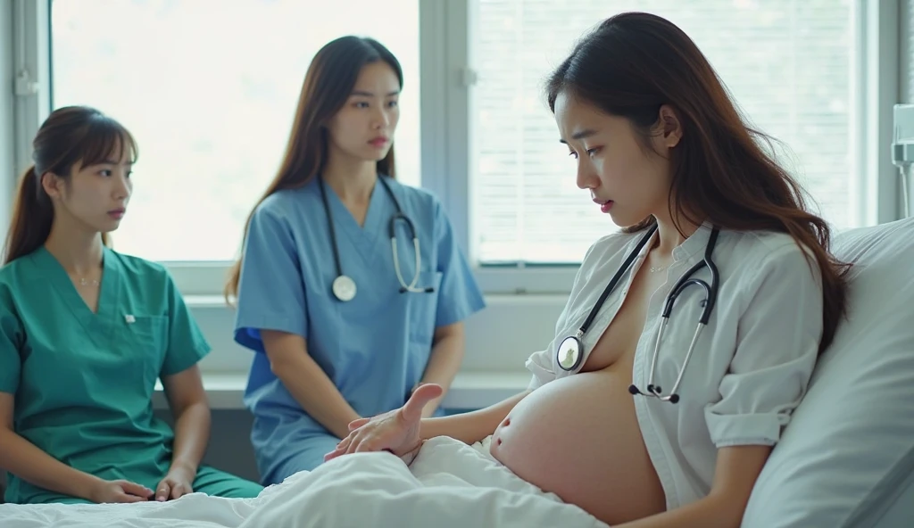 1girl, nurse, pregnant, in hospital, stand, hyperrealistic