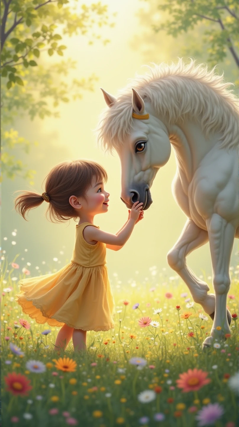 Beautiful kid with loose hairs with a white pony near house with a beautiful nature background 