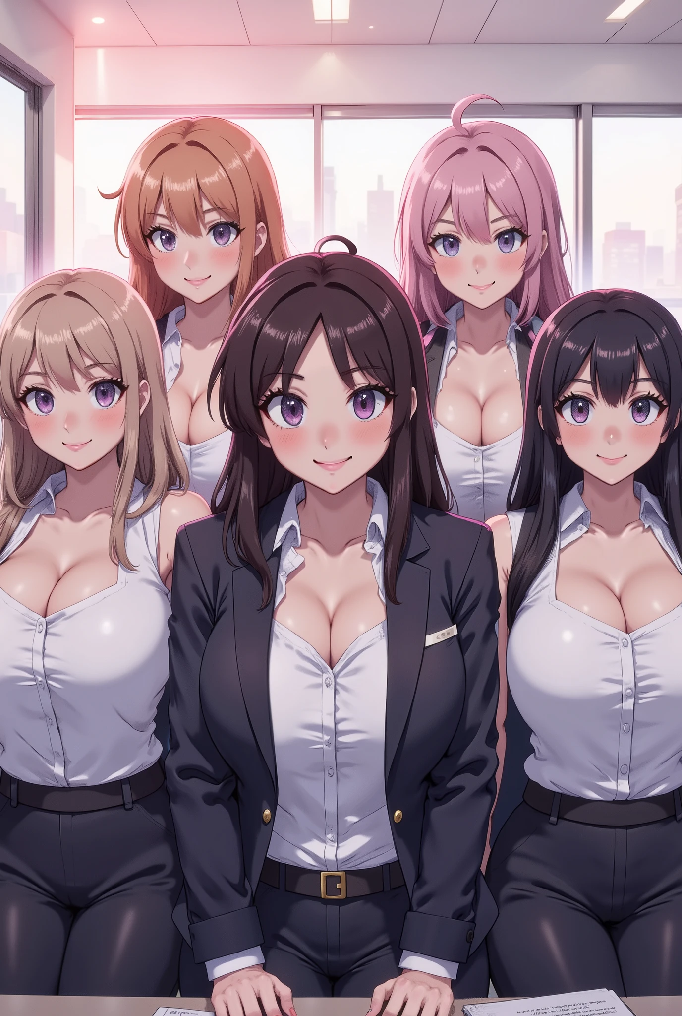 four sexy women in office outfits who are wives of 4 years old boy, kneeling, portrait, opened mouths, white and red hair, view from above