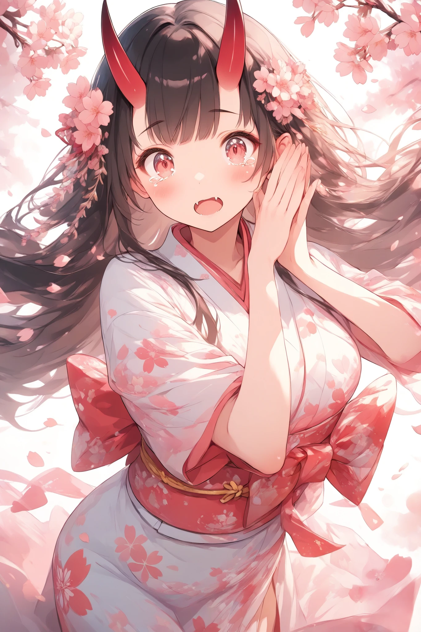 (masterpiece:1.2),high quality、very breathtaking、beautiful details、best image quality、((Three-dimensional works))、 cherry blossoms dance、eaning back in shock, with hands raised in front of their face、tears、panicking、Oni's girl、Beautiful yukata、Japanese oni、cute and enchanting、Japanese-style illustration、Oni horn、Oni's fangs、Cat's eyes