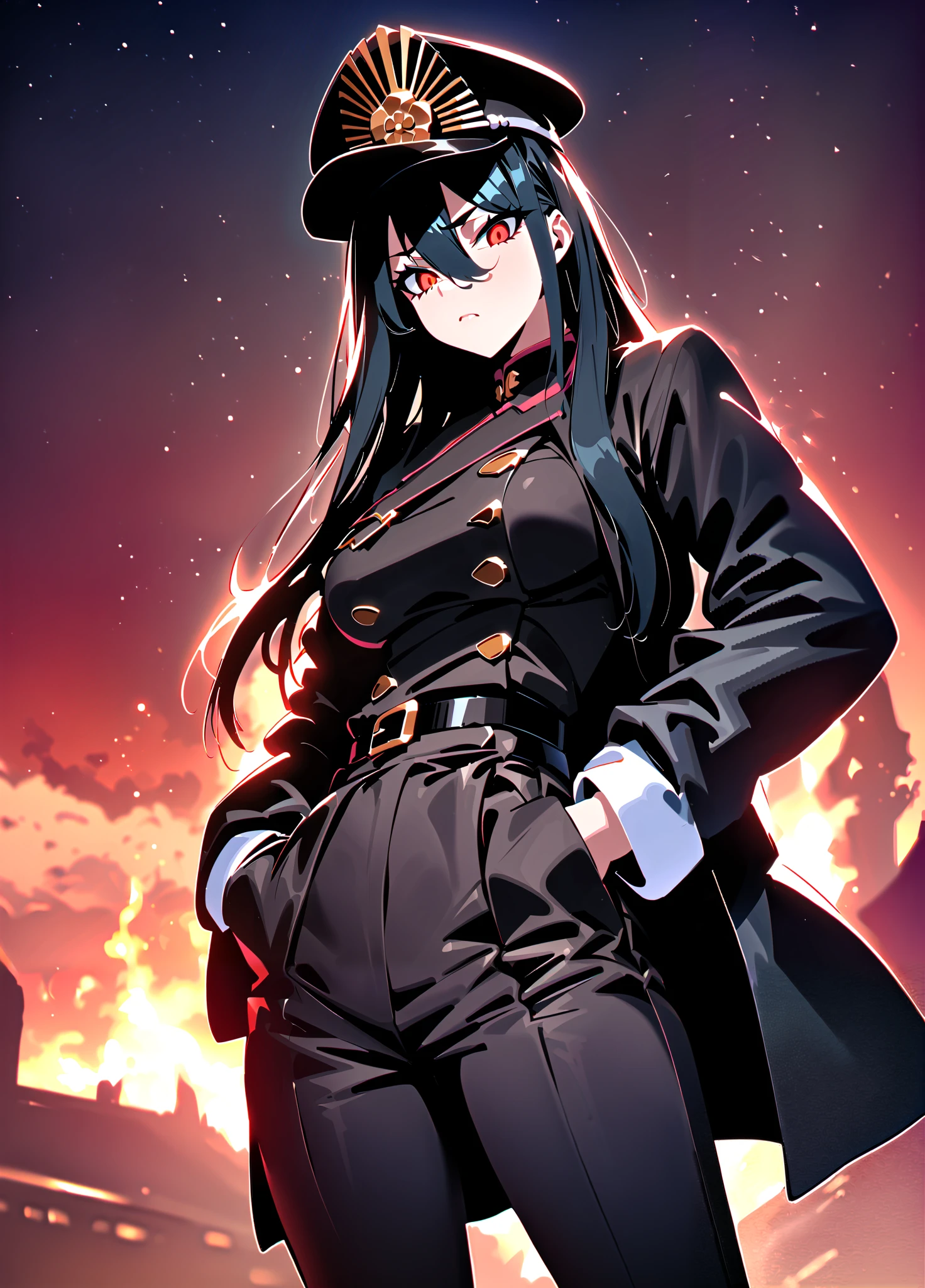 (masterpiece), (best quality), amazing quality, (very aesthetic), light particles, scenery, ultra detailed, score_9,score_8_up,score_7_up, BREAK, soft shadow, 1girl, solo, oda nobunaga \(koha-ace\), hat, red eyes, weapon, gun, long hair, black hair, hand in pocket, holding weapon, holding, holding gun, looking at viewer, coat, military uniform, military hat, peaked cap, uniform, belt, pants, military, oda uri, hair between eyes, black pants, long sleeves, floating hair, antique firearm, family crest, rifle, black headwear, fire, closed mouth, over shoulder, black coat, jacket, very long hair, open clothes, buttons, nervous, night, night sky, sky, scenery, (backlighting), seductive expresion, sexually suggestive, dynamic lighting, dynamic angle, sharp focus, distortion-free, illustration, ,masterpiece,best quality,amazing quality, absurdres, perfect_anatomy, intricate eyes, anatomically_correct_body, extremely detailed eyes, (expressive eyes), EyesHD, beautiful eyes, perfect eyes, detailed skin, (heavy lines, black outline), high score, great score, year2024, year2023, ultra high resolution, 8K, UHD, HD, HDR, high contrast, (nyantcha:0.5), (takeuchi takashi:0.5), (edjim:0.5), rayxl