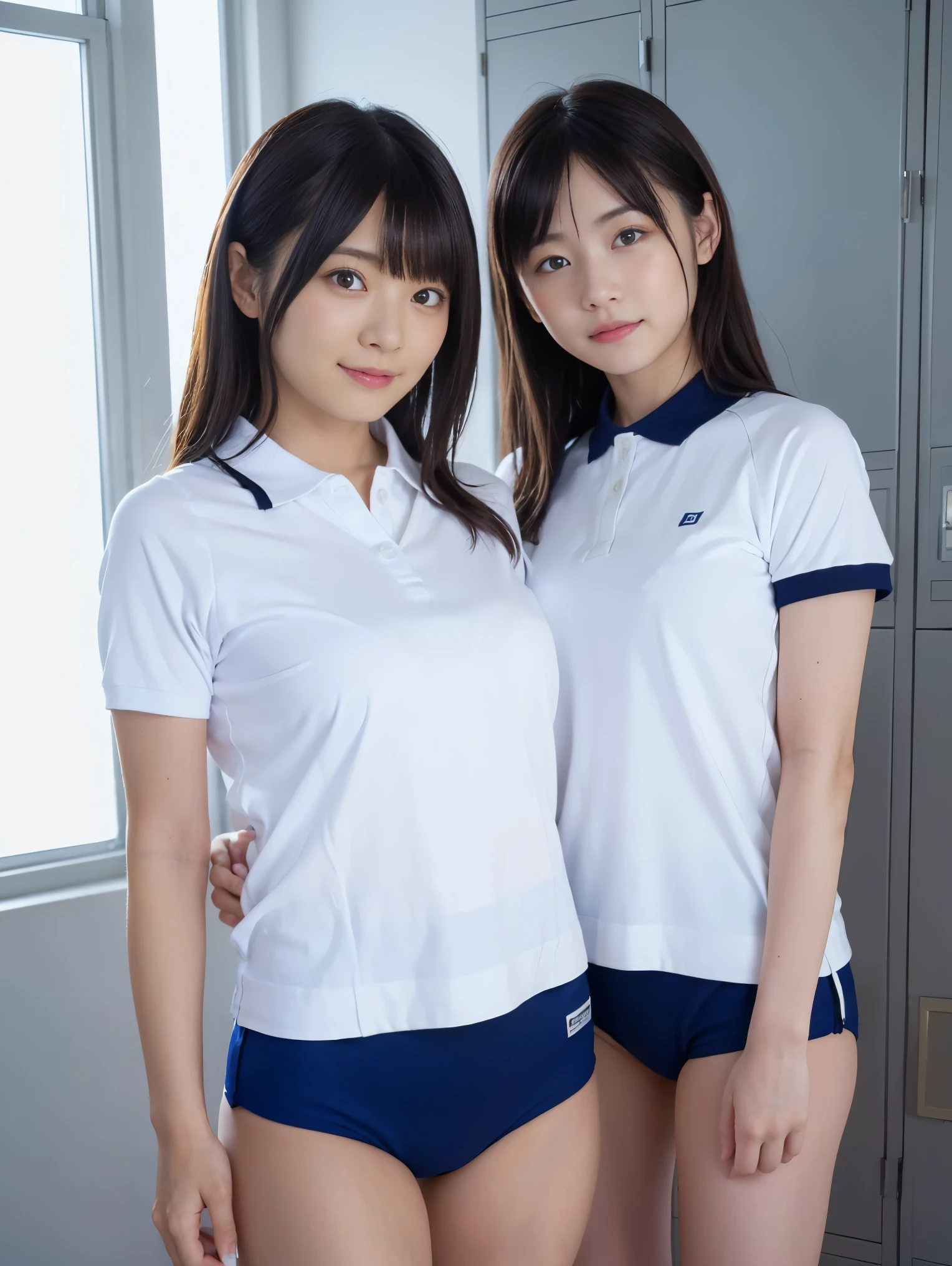two girls standing in the park,Plain white school gym shirt with navy blue trim,Navy blue speed briefs,Red headband,White headband,18-year-old,bangs,A small smile,Thighs,knees,Straight hair with barrette,From below,Front light, White panties visible through the skirt、Lift the hem of your skirt with both hands to reveal your panties、Are thin、slender