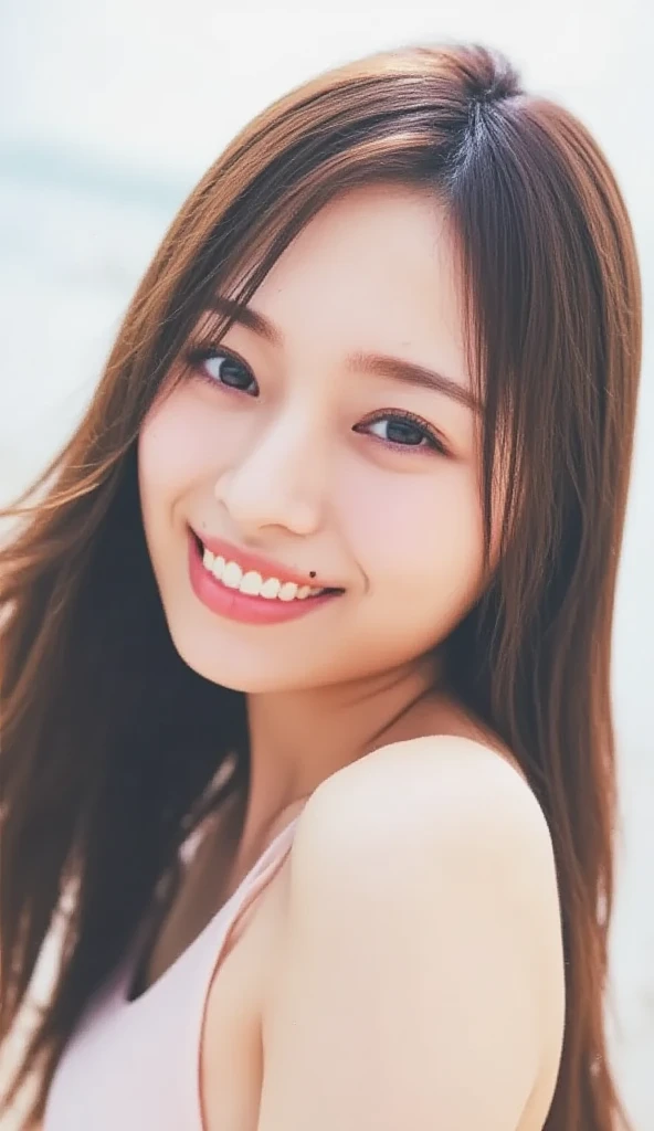 Highest quality、Ultra-high resolution、(Photorealistic:1.4)、1 girl、off-the-shoulder white shirt、(Big Breasts:1.2)、Beautiful smile、A happy smile、Cute Smile