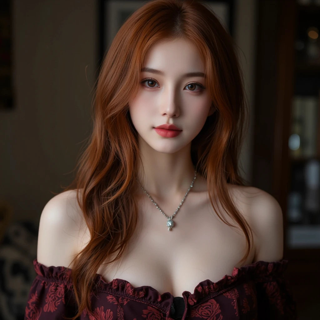 ((best quality, 8 thousand, masterpiece:1.4)), (1 woman), ((very small face:1.3)), (glowing skin:1.5), (very large cleavage:1.4), Pocket Dan Rosa Cosplay, (red hair:1.3), innocence, pure, casual dress, stockings, ((top quality, 8K, masterpiece:1.3)), (focus control:1.2), (Perfect Body Beauty:1.4),