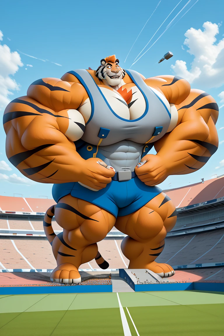 sozinho, macho, tiger, focinho longo, dentes afiados, Presas, rosto grosso, Face larga, ombros largos, musculoso, polir, forte, alto, gigante, Massive, enorme, gigantesco, Big biceps, Pecs grandes, Corpo verde, pele verde, olhos amarelos, chubby, big belly , Virilha detalhada, massive bulge, por darkgem, por Mystikfox61, por chunie, por vader-san, Olhando para o Viewer, sombrio, Dramatic, arena , wrestling venue, grandstand, traje espacial azul, uniforme, wrestling