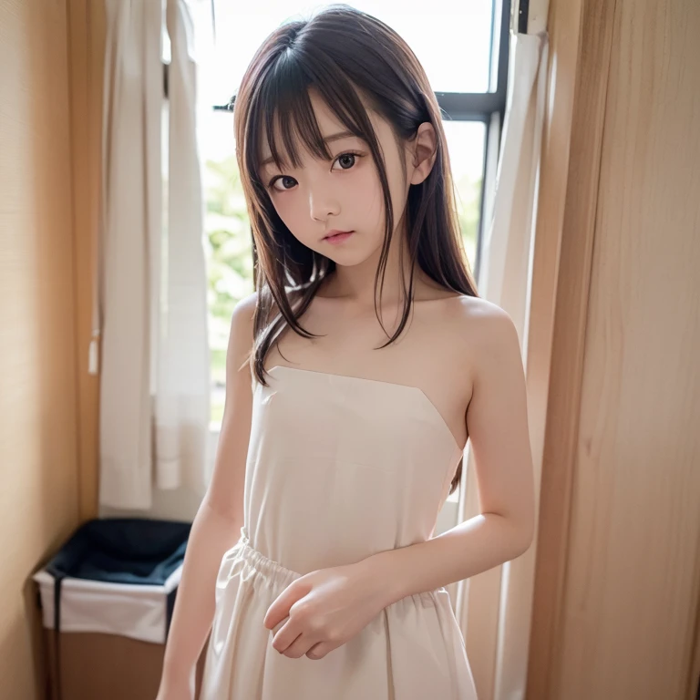 neat college girl、petite girl in、7 year old girl、(No clothes、standing naked、high-heels)、Hands at the waist、The whole body is shown、Pubic hair is visible、Dark pubic hair、The vagina is visible、Exposed vagina、Realistic vagina、outside the upper field、(Slimed、small tit、flat boobs、small tit)、Photorealsitic、detaileds, Skin Texture, ultra-detailliert、Delicate and sexy collarbone、A smile、Super Detailed Face、Detailed lips、A detailed eye、二重まぶた、Bun hair、Angle from below