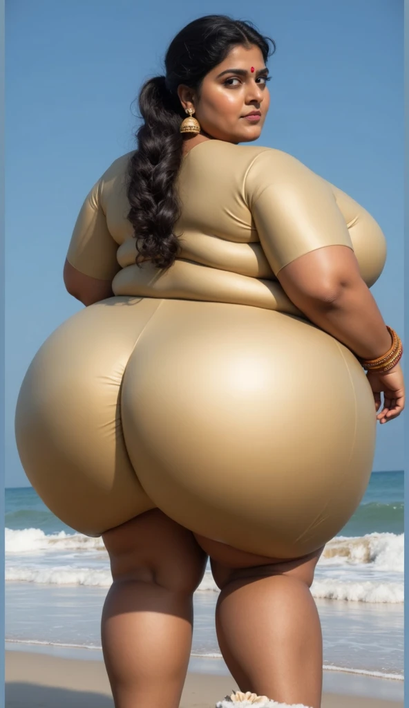 The most obese beautiful young obese ussbbw fat redhead girl, with extremely wide thights and huge obese wide booty, long rich curly braided natural ginger hair, beautiful face, blue eyes, freckles on face and body, obese ussbbw fat feminine body, huge bloated hangings soft belly, wide hips, fat huge booty, thicc fat legs in a bikini showing her back and her huge booty, turning her head back while standing in a lake in the sunset (wet body wet hair)