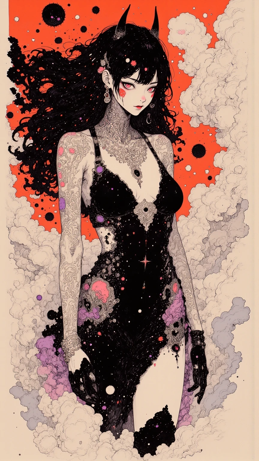 A huge girl with breasts bigger than the globe, sitting on the moon and looking at the sun, with wide thighs and wearing underwear in black