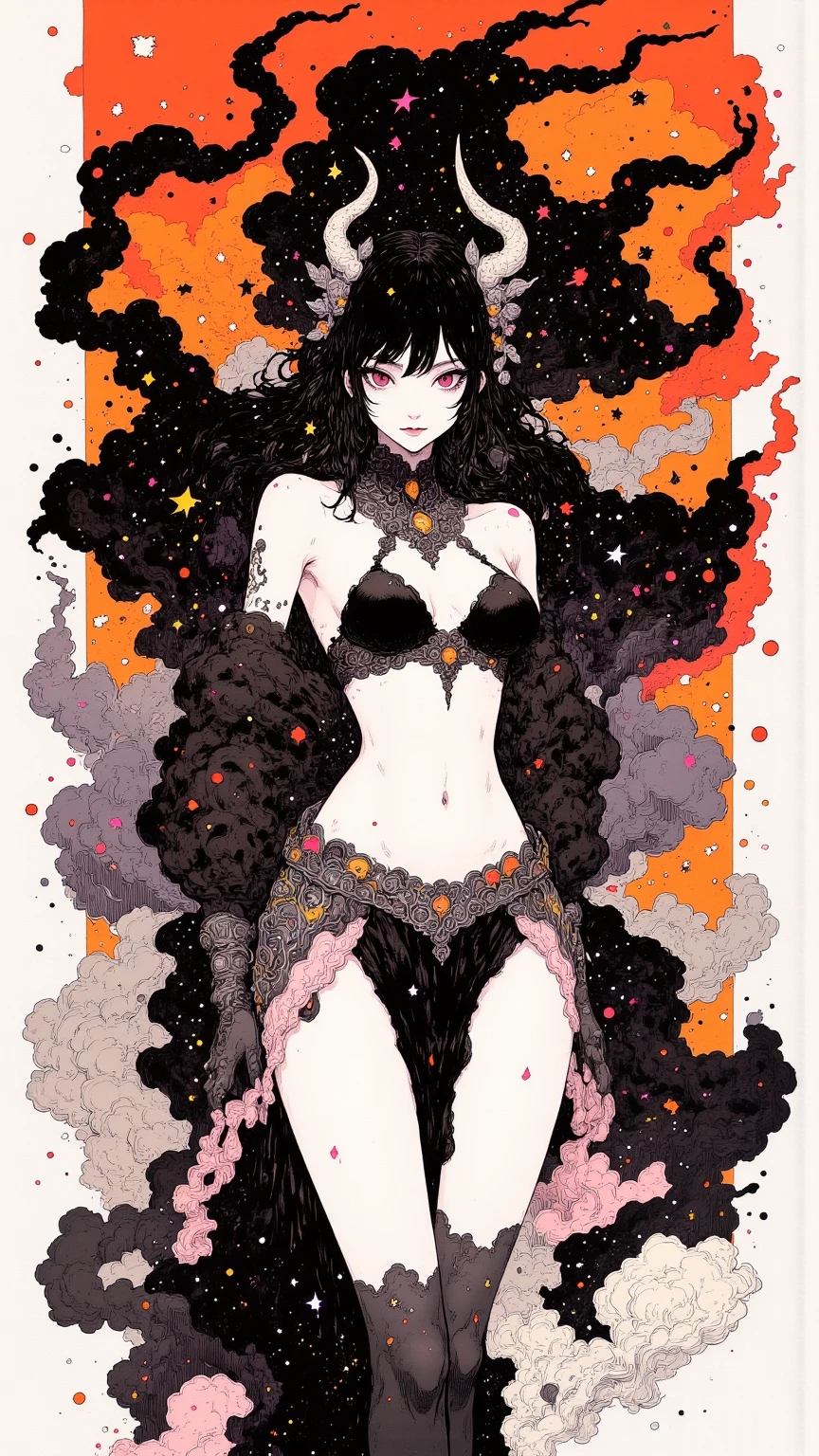 (masterpiece, best quality), 1girl, werbellia, half naked, partial nudity, horns, convenient censorship, (very long thick wide massive elastic black hair, connected continuous attached pink hair), red eyes, white racial skin, (very long black thick hair covering big breasts and pelvic region of body), (very long thick black hair covering naked body parts), sitting down on royal throne, (queen castle) (arthur rackham)
<lora:medusa:0.7> <lora:werbellia:0.4>