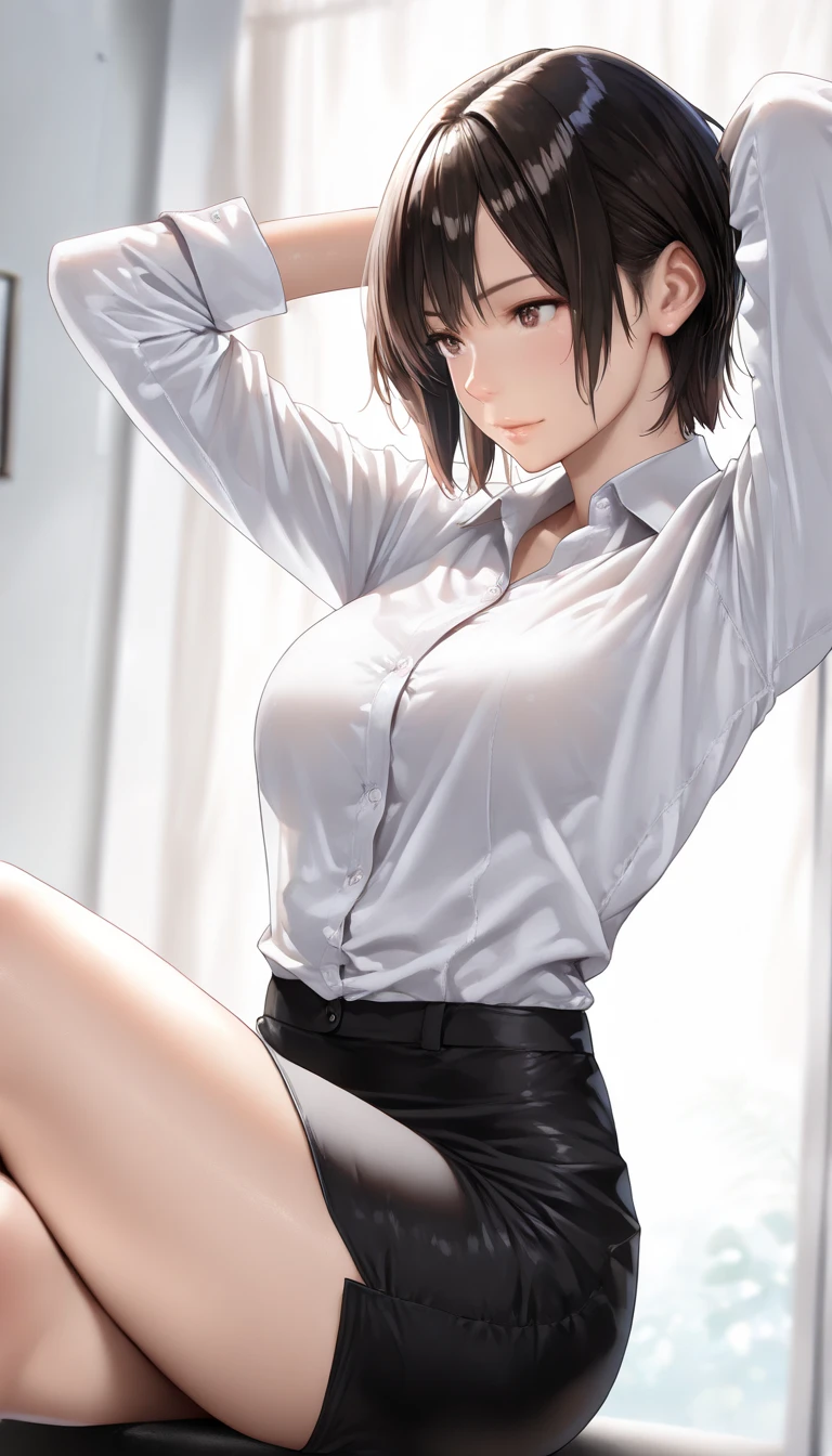 1 beautiful woman, Beautiful Office Lady, slender body, realistic, very detailed CG 統合 8k 壁紙, very detailed, High resolution raw color photos, professional photos, realistic portrait, cinematic light, beautiful details, (beautiful breasts:), (cleavage:1.2), (White shirt with wide open chest:1.5), (extremely short skirts:1.3), pantyhose, panties, squat, indoors, Sales Office, (最high quality:1.4), Super detailed, high quality, table top, (view from below:1.5)、slight smile、short hair、((White wet light underwear))、