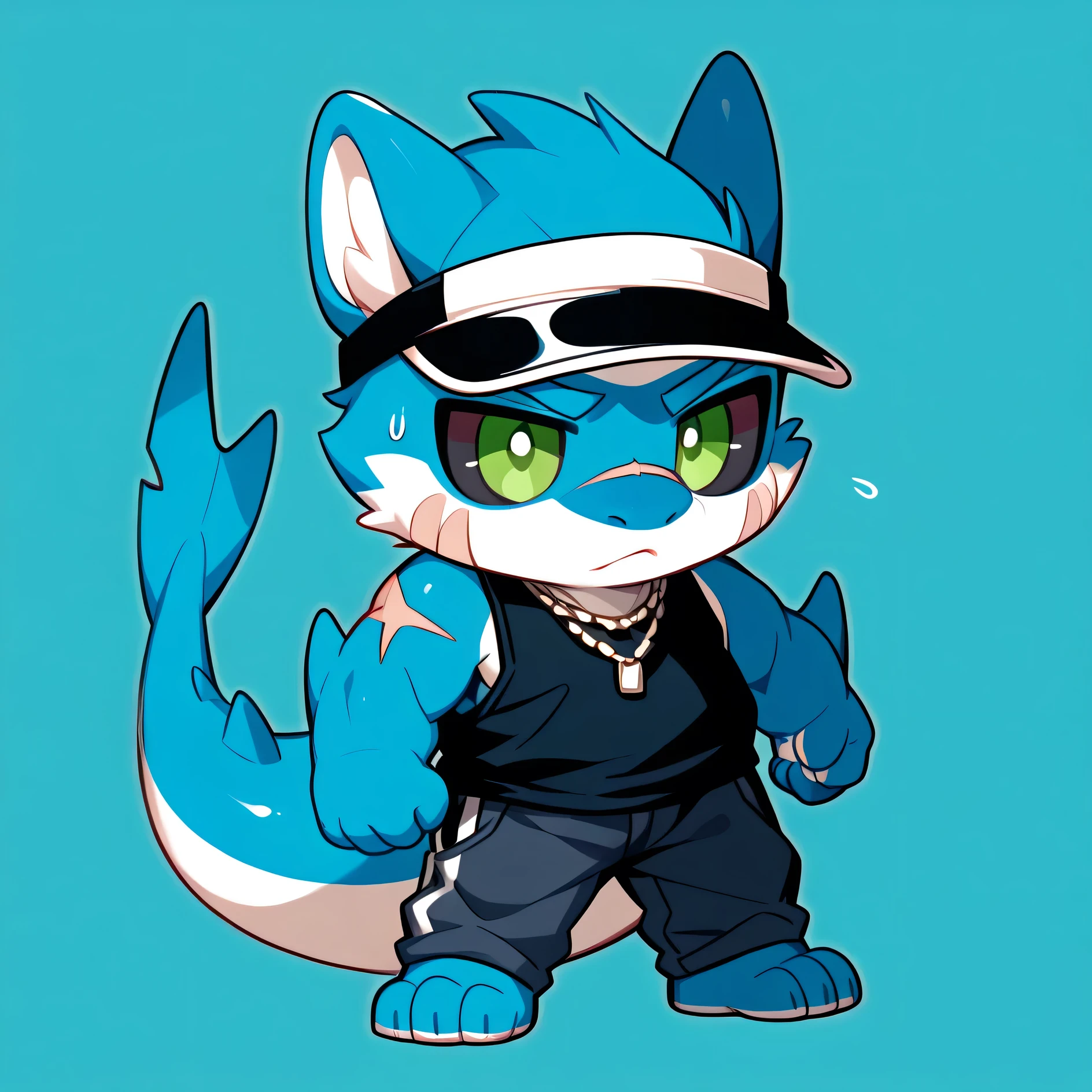 masterpiece, best quality, skyblue solid color Background, solo, male, furry, deepblue shark, black sclera, green eye, Muscle, big busts, scar on nose(1:2), big tail, tank-top, bare foot, sweatpants, smol necklace, black sun visor cap, bad boy, chibi, sketch