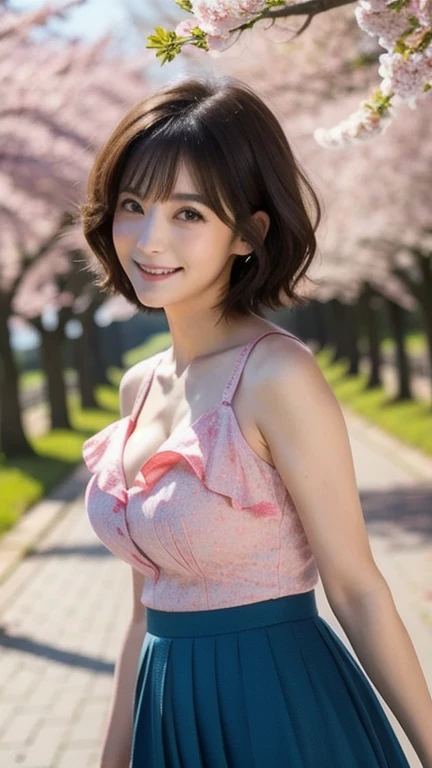 masutepiece, Best Quality, Illustration, Ultra-detailed, finely detail, hight resolution, 8K Wallpaper, Perfect dynamic composition, Beautiful detailed eyes, Women's Fashion,Very short hair,Small breasts natural color lip, Bold sexy poses,Smile,Harajuku、20 years girl、Cute、Sexy shot looking at camera、blouse、a miniskirt、Background outdoor