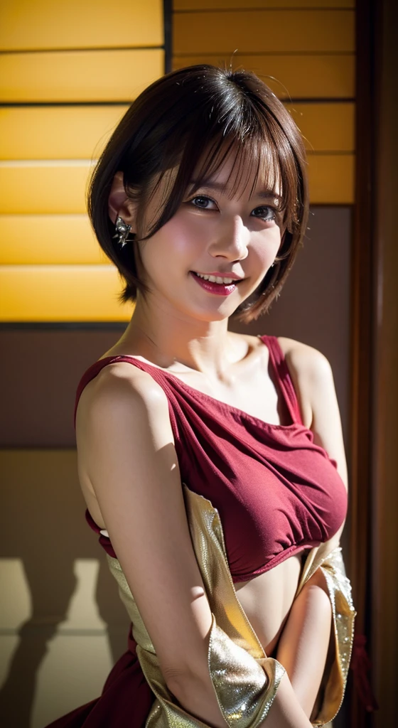 Portrait, 8k, high quality, realistic photographic image, Japanese woman, pretty wife, housewife, natural and realistic eyes, Japanese standing, beautiful black hair, short hair,, accurate rendering, golden ratio composition, laughter, 44 yrs. Hair, light makeup, octane rendering, dim lighting, golden ratio composition, laughter, normal clothes, casual clothes, luxury city hotel, hotel room, red candle lit on table, hands on table, thick red collar around neck, wearing red heels, blurred background, high quality, pure Japanese style, beautiful wife, upper body, light makeup, no makeup. Makeup, neat, plain, red, purple, blue, plain, plain clothes, smiling, black eyes, background blurring.