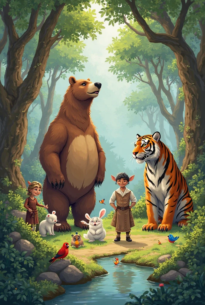 painting of a brown bear sitting with animals around on a lawn with a bird flying above, story book illustration, illustration of children's book, illustration for children's book, cute storybook illustration, illustration of children's books, illustration of children's books, storybook illustration, illustration of children's book, storybook illustation, illustration of children's books, arte ilustrativa, Beeple e Jeremias Ketner, Feng Zhu |