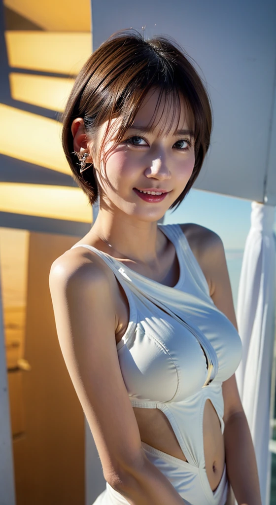 (body fit very tight white T-shirt:1.5), sleeveless, (Show both armpits:1.4), (One girl), (Happy, A soft smile:1.2), (huge breasts:1.3), young woman, , (detailed face), Very fine and delicate eyes, Clean and shiny lips, ((Brown Natural Bob Hair)), night, night景, Japanese Summer Festivals, Lots of food stalls, (In the crowd), Beautiful hip line, (Beautiful fireworks:1.4), (whole body:1.2), ultra detailed, Best Quality, Masterpiece, 8k, realistic, Detailed and realistic skin, realistic lighting