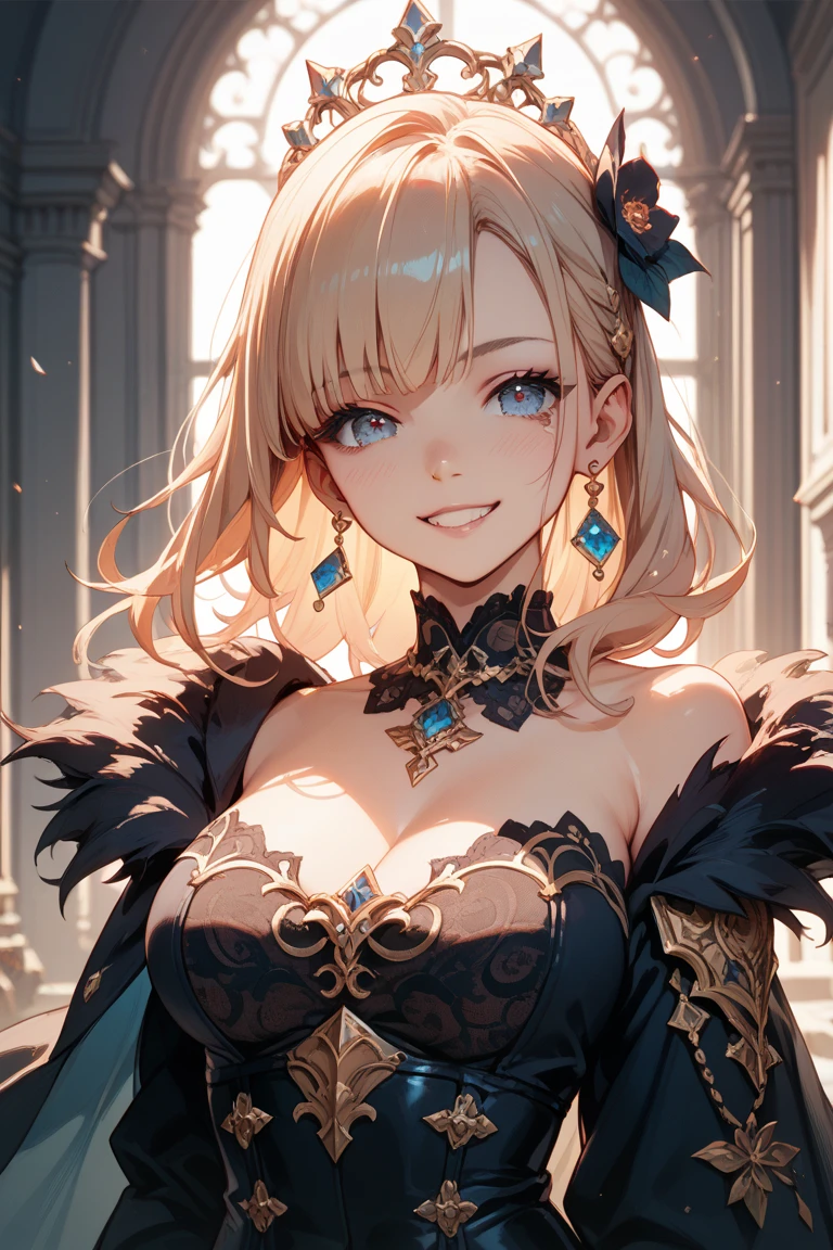 (masterpiece, top quality, very aesthetic, 4k、illustration), intricate detail, 1woman,solo,contrapposto 、(gradient eyes、tareme)、Strong glowing eyes、asymmetrical bangs,Fair skin,(upper body)、beautiful women、Cleavage、 smile、(red lipstick),beautiful face、(gradient hair)、(blonde hair)、curly hair,sidelock ,parted bangs,green eyes、Layered Dress、large breasts、slender 、