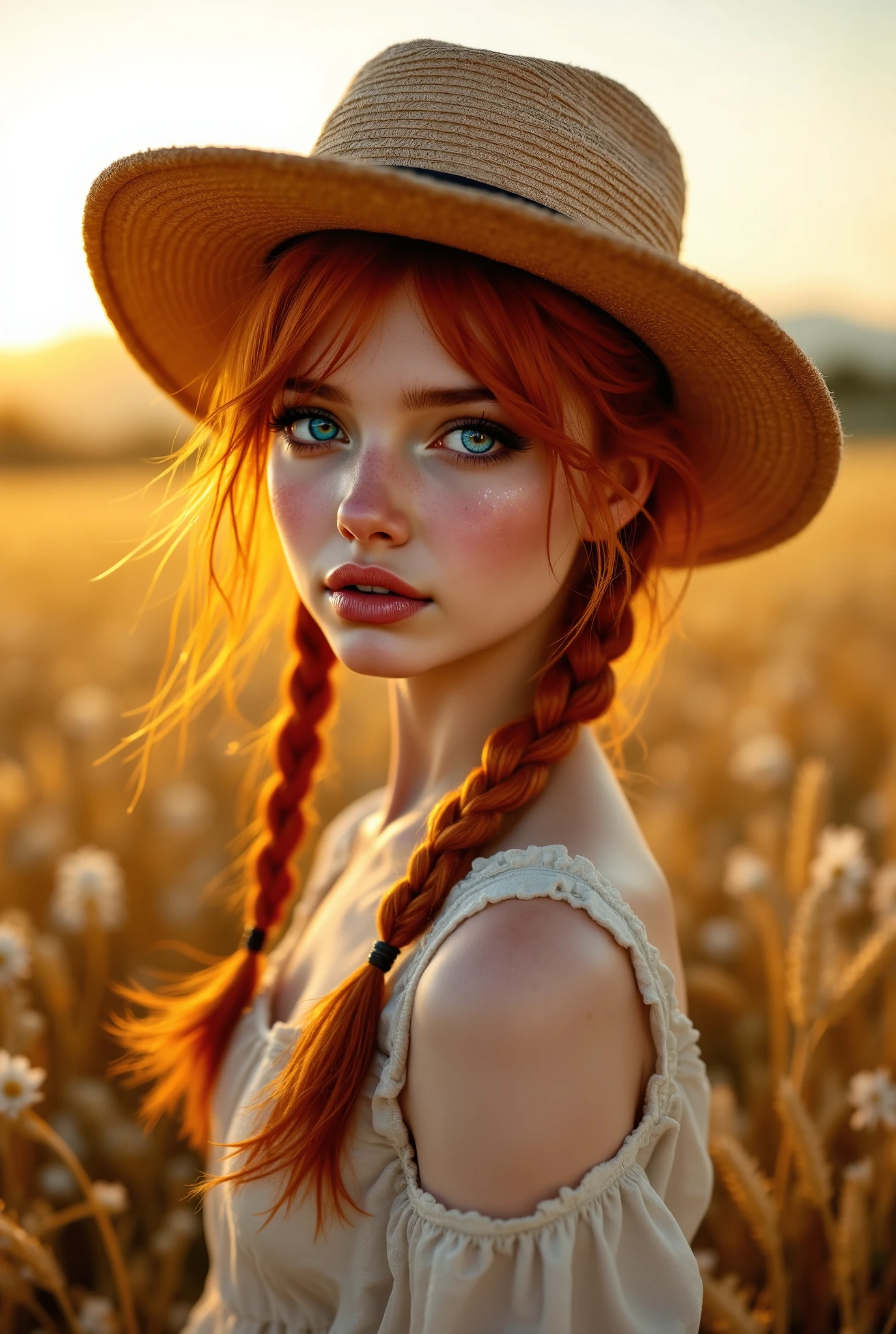 girl, straw hat, blue eyes, freckles on her face, hair tied in two redhead braids, peaceful countryside landscape, golden evening sunlight, wheat field, blooming wildflowers, gentle breeze, detailed portrait, photorealistic, 8K, HDR, professional lighting, cinematic color grading, highly detailed, ultra-realistic, intricate, digital art