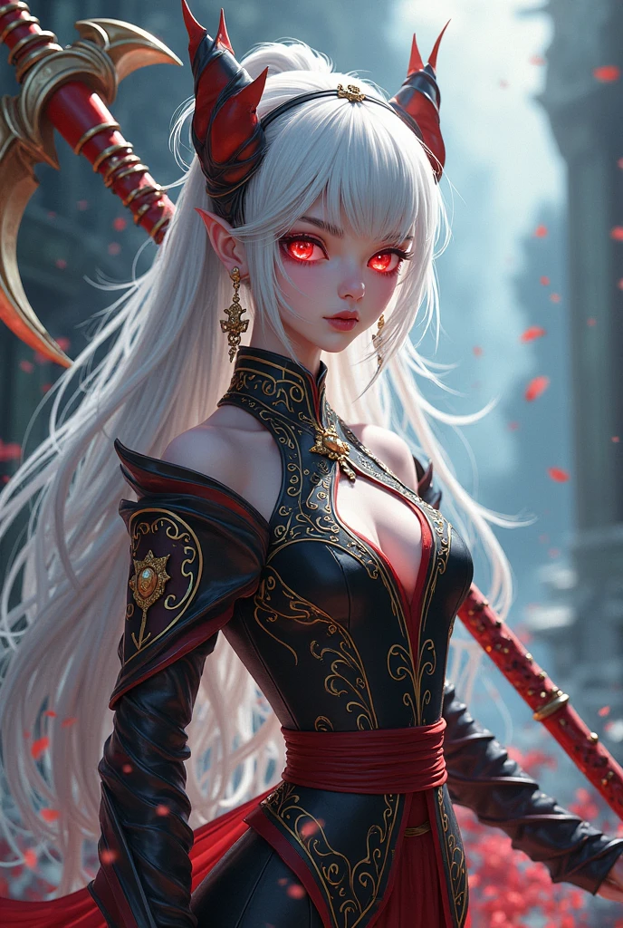 (best quality,high resolution),A female warrior with white hair and tattoos stands in the middle of a neon-lit street,neon lights,glowing sign,reflection on wet pavement,abstract pattern,Graffiti,city View,tall building,moody atmosphere,distant future skyline,shadows and highlights,Sharp details,bright colors,anime style,Dark colors and contrast,city lights at night,urban resilience,definite expression,Tough stance,(katana raised),Decorative armor and weapons,Sparkling tattoos,flowing hair,Bright and bold composition,Shocking visual impact,mysterious aura,ethereal light