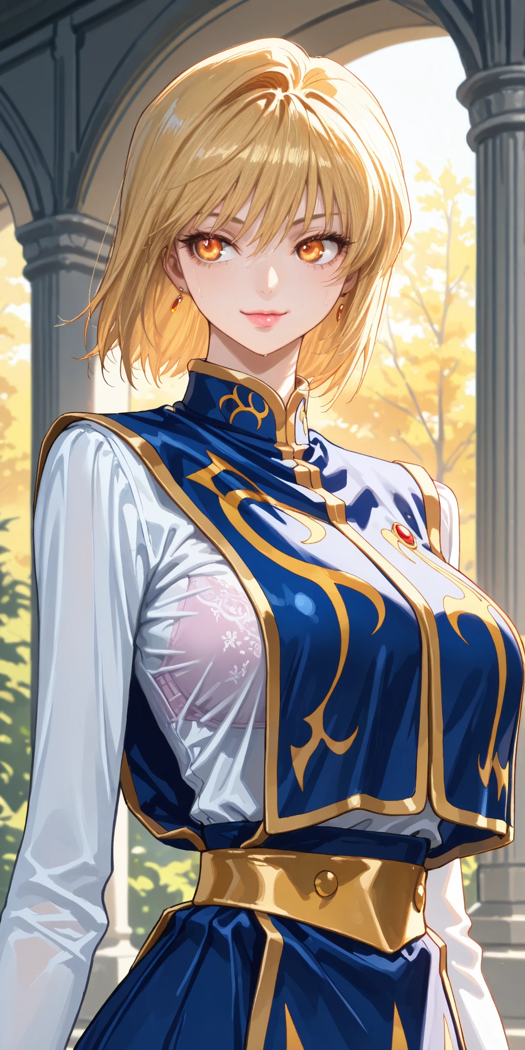 amazing quality, VERY BEAUTIFUL , absurdres, up to date, landscape, Highly detailed , high res,Close-up portrait,fair skin, Smooth texture , pink lips ,V logo,A hand, Focus on the theme ,Sharp focus,Medium Depth of Field,Smile, with underwear ,From the side, clear lines , Smooth Lines ,Sharp,( best quality , 8k , masterpiece , incredibly absurdres , beautiful woman , perfect body , super detailed skin , highly detailed eyes and face ,beautiful shiny lips, upper body, ,high fashion, dramatic lighting, warm colors, chiaroscuro, beautiful eyes,long eyelashes, large_breasts, mature_female, huge_breasts, bob hair,hair fluttering, japanese, stunning,stylish, perfect breasts,large breasts)), fit,seductive face, Kurapika, blonde hair,grey eyes,very (huge breasts:1.3), (long breasts:1.5), saggy breasts,masterpiece, Sweaty,Anime-style painting style,(shiny oiled skin),earrings glossy lips, (focus on woman), loose clothing,blue tabard, chest-length tabard,((gold trim)), white shirt, long sleeves, puffy skirt, bright blue skirt,long skirt, gold piping on skirt,((Skirt and tabard are the same color)),((simple yellow wide waist belt),(gold tarim on the edge of the skirt), rings on the right hand, ((breasts curtain),brown tights, pin heel ,A park with a fountain, sunny day ,breast curtain,sanpaku,bra visible through clothes,Mouth closed, tongue sticking out slightly,close one eye,cdgs