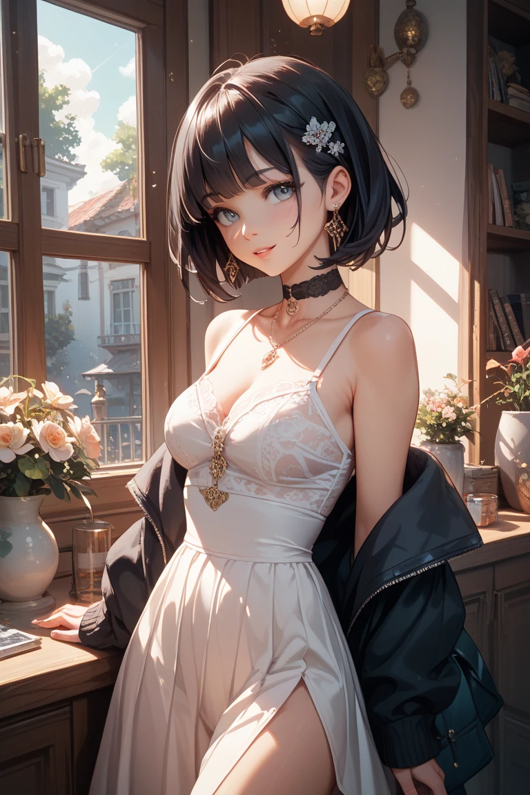 ((absurdres, RAW photo, extremely delicate and beautiful, masterpiece, Best Quality, ultra high resolution, 32k, hyperrealistic, ultra-detailed, perfect figure)), tearful mole, earring, whole body shot, big breast, short medium hair, wavy hair, button shirt dress, face veil,