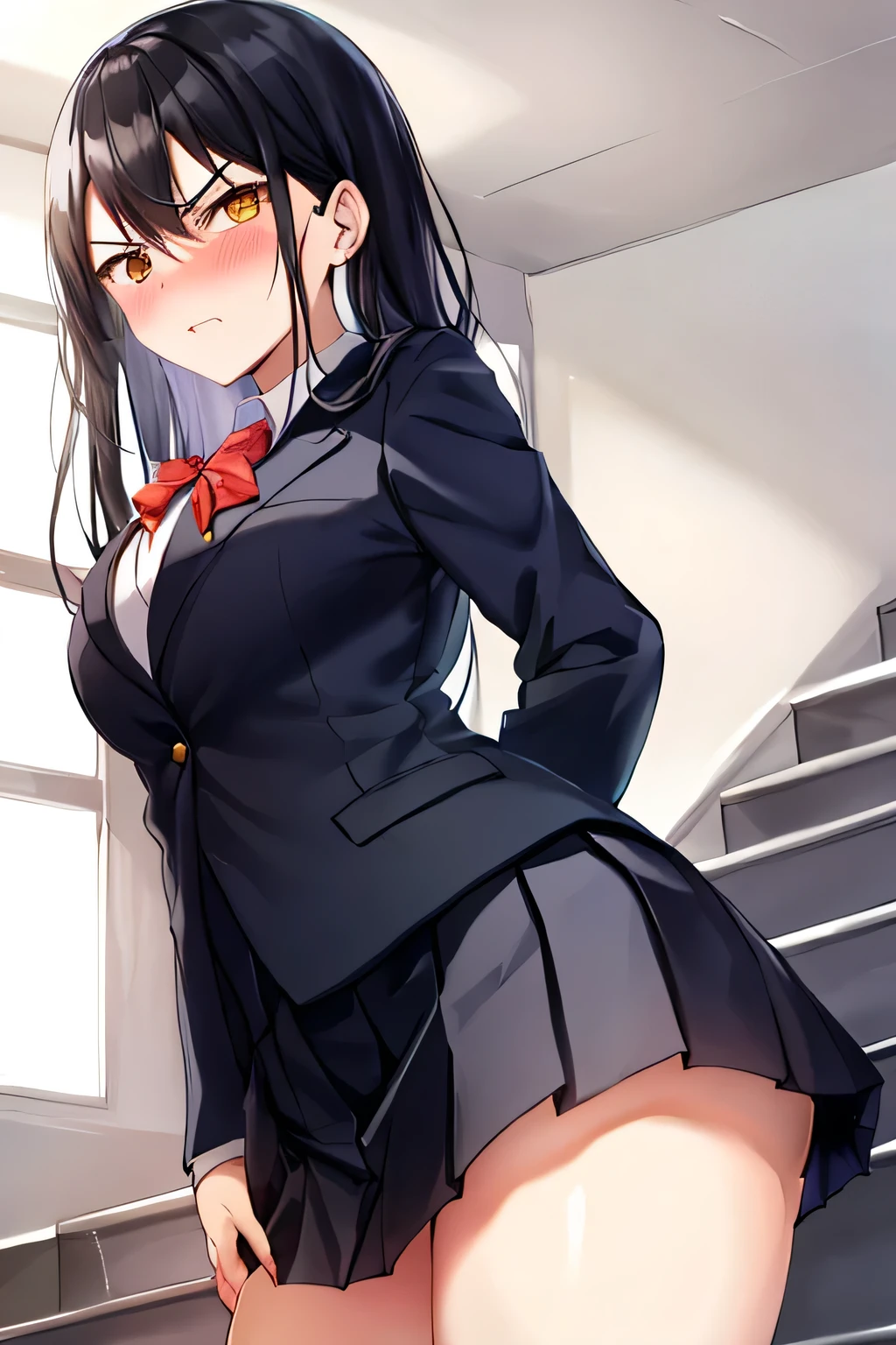 from below, school stairs, 1girl, black hair, looking back, slightly fake angry,  shy, embarrassed, blush,  staring to viewer, arms behind back:1.4, hands on skirts:1.2, touch her hip:1.3,  blazer uniform, pleated skirts, dim, dark, (super detailed, highres, 4K)