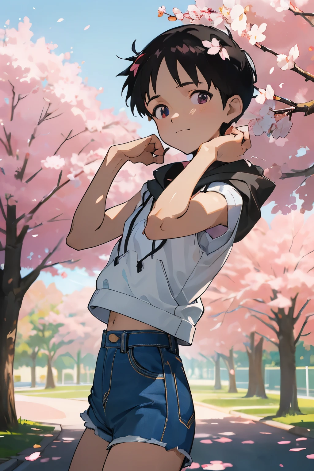 ((Shinji Ikari)), (1 very young boy), cute, handsome, (shiny black short hair straight hair), ((pixie cut)), (large eyes, clear eyes), smile, (flat chest), (white sleeveless hoodie), ((rough textured dark denim shorts)), standing, looking at viewer, (very detailed eyes), (detailed hair), (detailed face), (colorful), 8k, (masterpiece), absurd-resolution, ultla highres, (detailed shading), (A park in spring with many cherry blossoms and cherry blossom trees in full bloom), (Dynamic pose, dynamic angle)