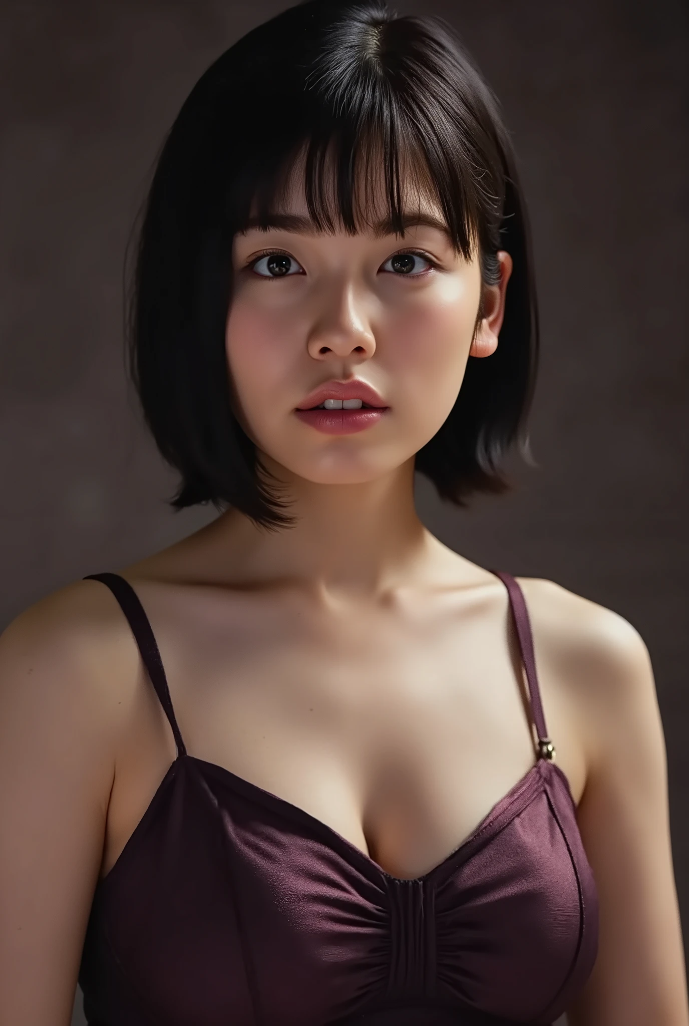 (( top quality )), ((masterpiece)), ( details), First-person perspective ,1 Girl, sexy,( Bringing Your Face Closer ),((with your mouth wide open )),((Big Breasts, dark purple underwear, short bob)), black hair , (( without makeup, small eyes))