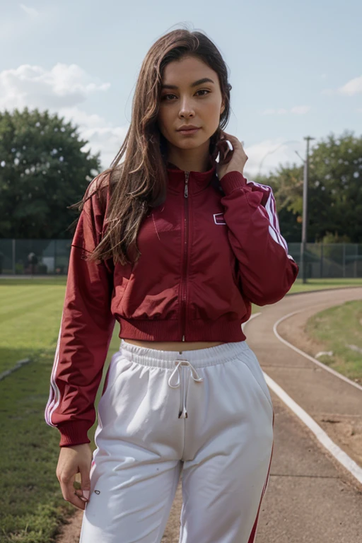 ((Best quality)), ((masterpiece)), (detailed), perfect face blonde hair girl doing sports in a white tracksuit