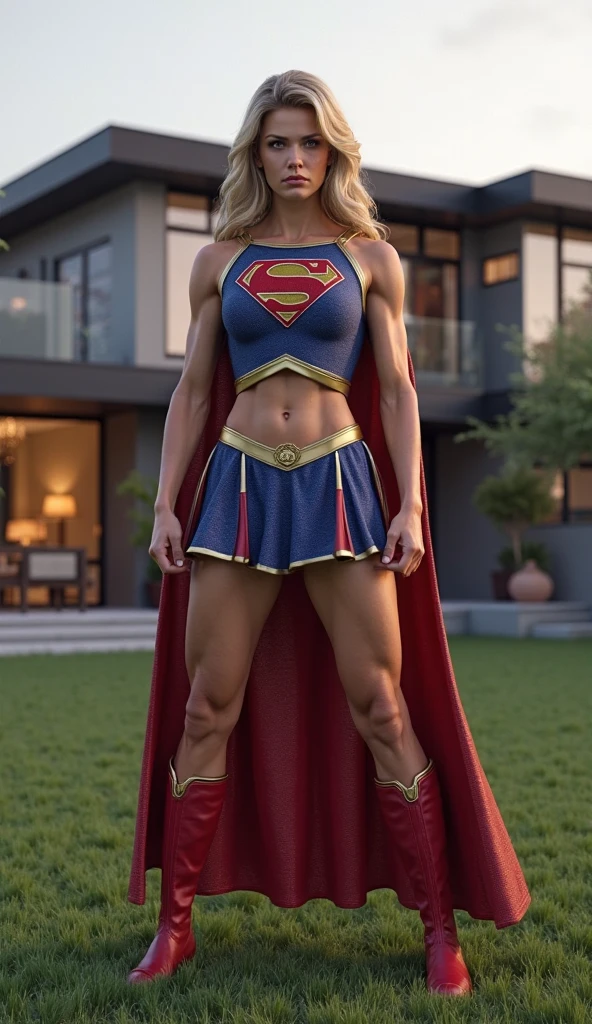 Supergirl em uma roupa curta posando para uma foto, bunda grande, coxas grossas, massive legs towering over you, pernas grossas, full body in sight, coxas expostas!!!, thicc, cute face with arms and legs, roupa apertada, imagem de corpo inteiro, tiro de comprimento de corpo inteiro, olhar sexy, traje apertado, em pleno crescimento, mulher curta robusta, rosto muito bem feito, rosto em 8k