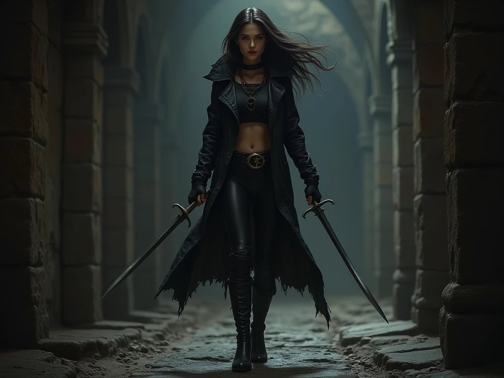 Girl with long wavy brunette hair wearing black necklace, black long jacket and black boots while holding daggers with both hands