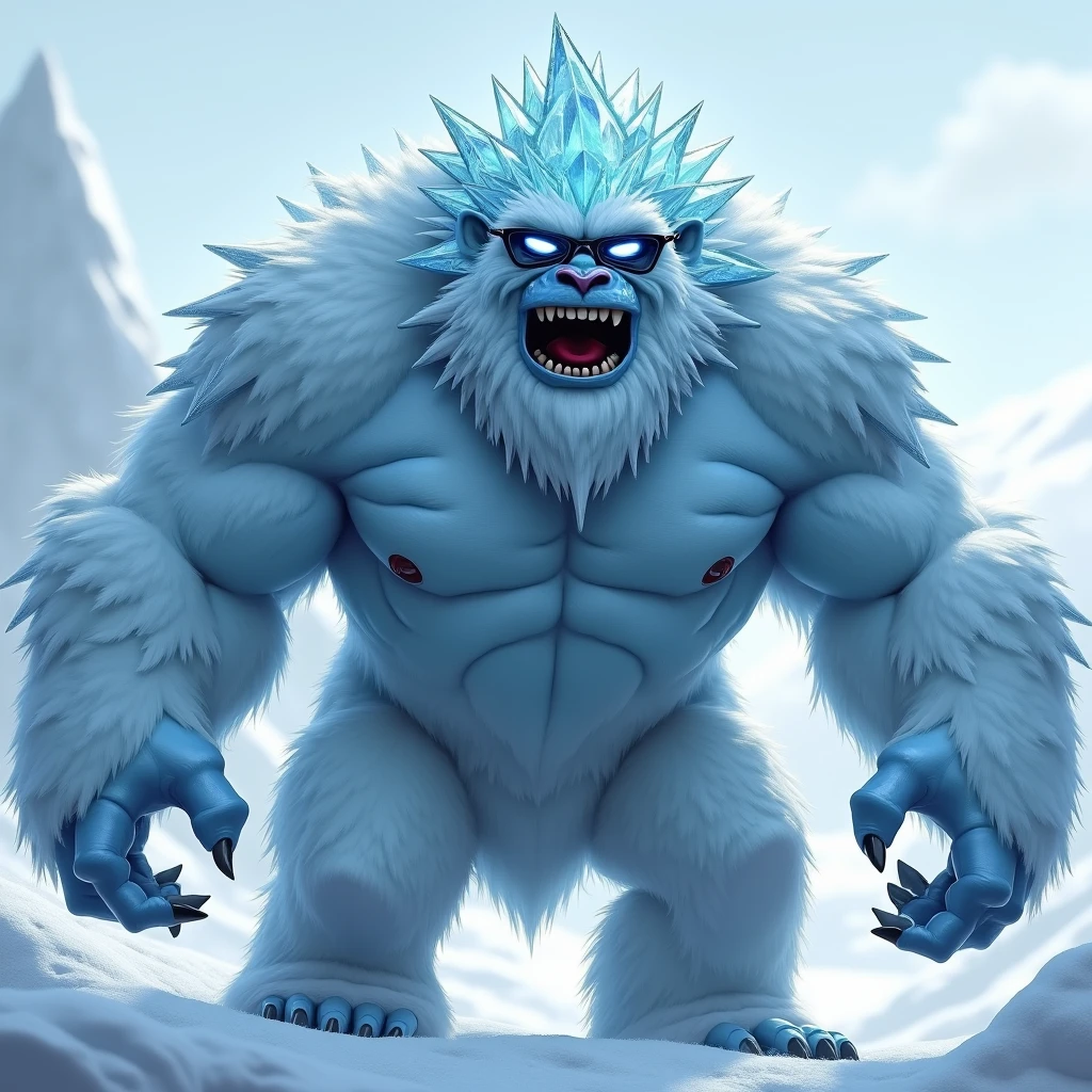 In this anime key visual, a towering and terrifying figure of a yeti with foul cream dripping from its fur is depicted in hazy conditions. The bokeh effect creates a dreamy and surreal atmosphere around the creature, while the detailed and masterpiece-like illustration captures every intricate detail of its menacing presence. The warm lighting adds to the ominous mood, casting shadows that accentuate the yeti's intimidating form. The vibrant color palette creates a stark contrast between the creature's icy white fur and the fiery reds and oranges in the background, making for an unforgettable and chilling image.