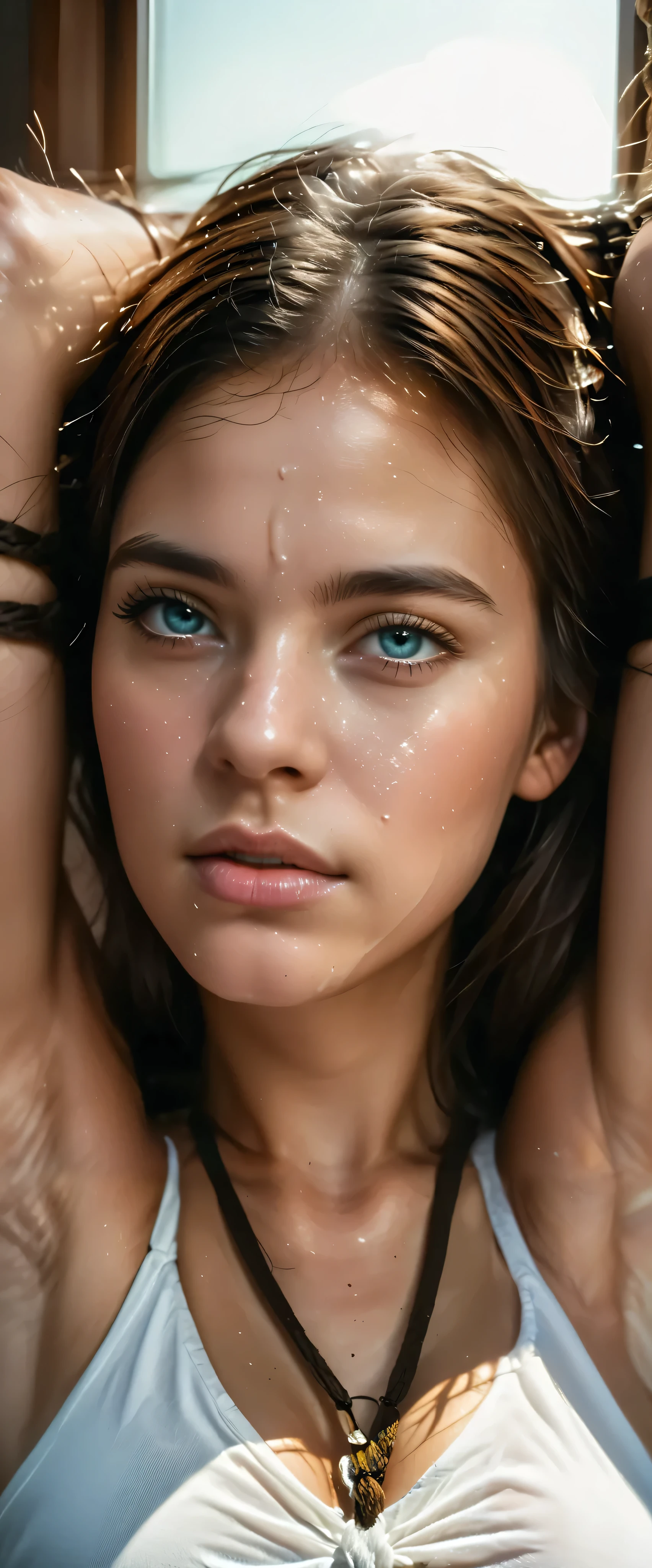 sfw:2.stop.(there is a busty woman with ((hands_tied_up))), neck zoomed in, closeup of arms, upper body close - up, upper body close up, skinny upper arms, zoomed out shot, close up (half body shot), neck zoomed in from lips down, detailed arms, smooth tan skin, (((armpits))),a close up of a woman ,photorealistic skin texture, detailed unblurred face, close up at face, close up of face, realistic skin texture, realistic textured skin, ultra high detail ultra realism, hyperdetailed skin, closeup on face, 8 k pores,UHD, closeup of face, neck zoomed in from lips down.stopsfw:2