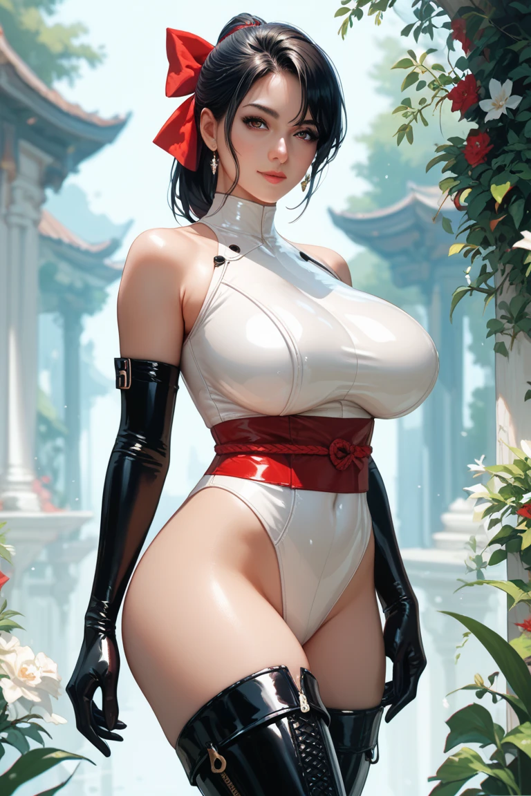 A girl with black hair,Hands over large breasts。Wearing sexy white mesh lingerie by the sea