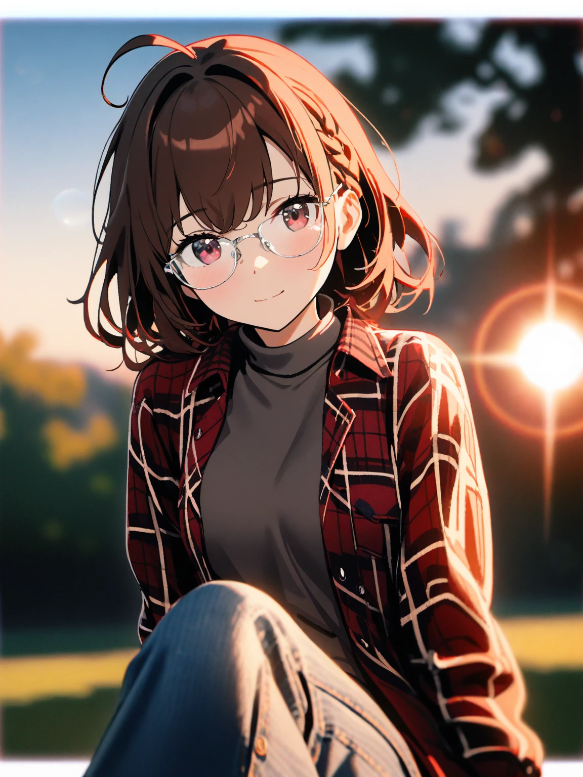 Anime, 1girl, brown hair, short hair, red eyes, green jacket, white shirt, brown shorts, red shoes, black tights, red knife, yellow flower crown, golden heart locket, slight smile, snow, snowflakes,