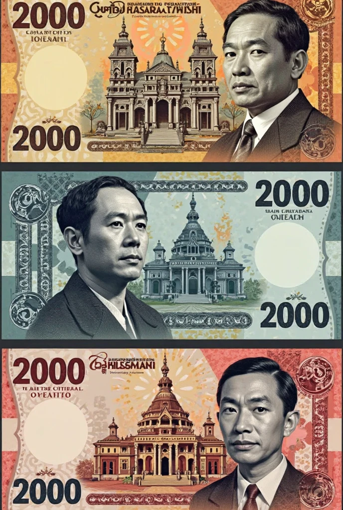 I wanna make my own banknotes for 100, 200, 500, 1000, 5000, 10000, 50000 RISES as usual, in different colors. At the front side of 15.5 cm x 6.9 cm of notes, General Aung San pic  will appear with the value, and at the back, different Myanmar’s popular places will appear. Note; white watermark is at the left side of front view, and if couse at the right side of back mote. Make them in one sheet as a professional. Make them attractive like thai bahts