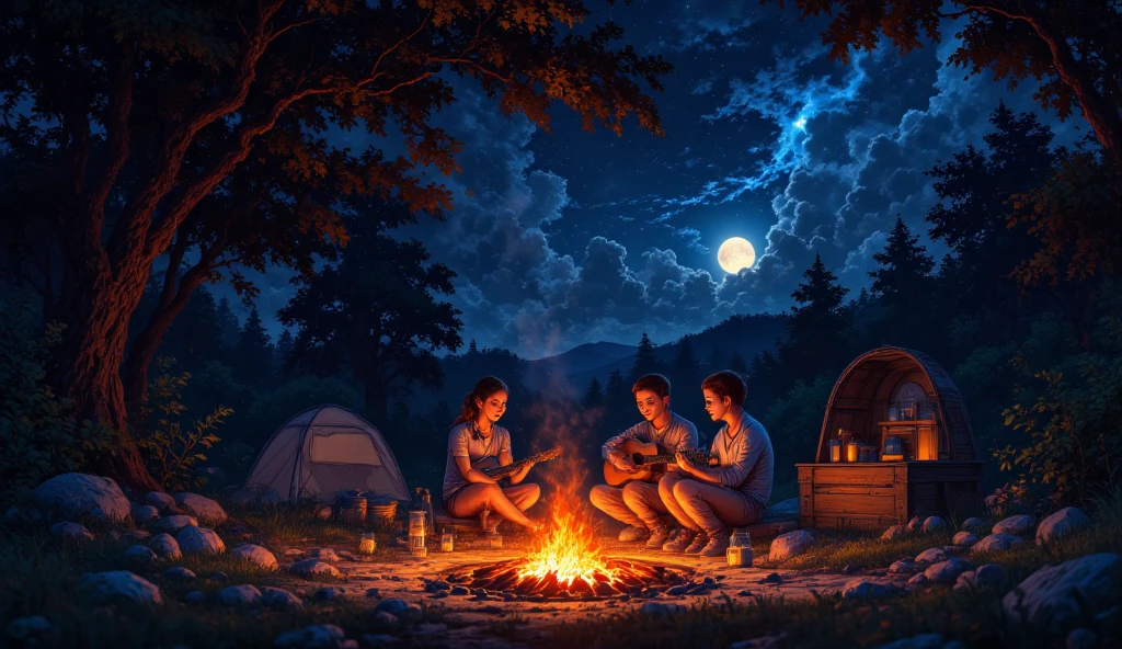 campfire: in a forest, summer camp, group of children by the fire, crackling flames, fire heat, glowing embers, flickering light, shadow, flickering smoke, warm campfire glow, host’s guitar, children 3-6 years old, joy, (best quality, 16k, masterpiece: 1.2) ultra-detailed, (realistic, photorealistic, photo-realistic: 1.37),