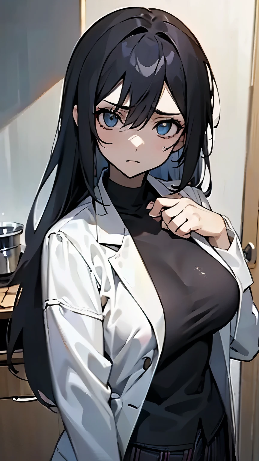  Fraction_9,  Fraction_8_up ,  Fraction_7_up ,  Resources  _ Japanese anime  ,  masterpiece,   Smile 、Kitchen chaos    、 with a bandage on your hand 、   best quality ,   Beautiful and detailed eyes   ,    beautiful detailed lips  ,    the expression of despair  、  Aggressive Appearance  、   Highly detailed eyes and face, Tired look、 Long Breasts, 1 woman,    wearing a white jacket  、 School uniform under a white jacket  ,  Brown suit、   High school girls  、Matte clothes 、 Plaid Skirt 、Giant Saggy Chest , shockingly   Big Chest  ,   Big Chest  ,   room,     No emotions    、 zitales    , makeup 、 no makeup 、  dark hair 、    long hair、 zitales    、   ferocious expression   、 Kitchen chaos  姿势、  格子领带
  long hair ， Kirito    ， Big Chest (d), Chest, Black Silk