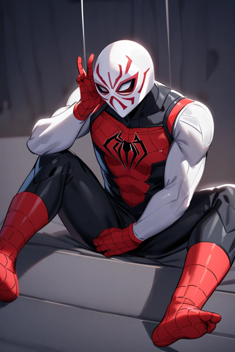 anime characters:priapus, He was kissed by black venom, He is wrapped in black tentacles, bundle, Wrapped in mucus, Affectionate embraces, Crazy kissing, Touching wantonly, Muscular Spider-Man, male focus, Upper body, Buzz Cut, aged leather texture, He wears a White tights, small grid texture, spiderman mask, Spider-Man logo, muscular male, Extra large breasts, only, alone, Black background, simple background, amazing quality, best aesthetics, Ridiculous, crew cut, drop shadow, best quality