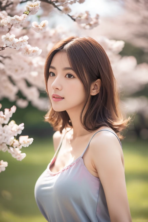 ((highest quality, 8K, masterpiece: 1.3)), tall and beautiful woman, perfect figure: 1.4, dark brown hairstyle, short hair, yoga pants, without changing your posture, standing up straight, Highly detailed face and skin texture, fine eyes, double eyelid, smile、With cherry blossoms in full bloom in the background