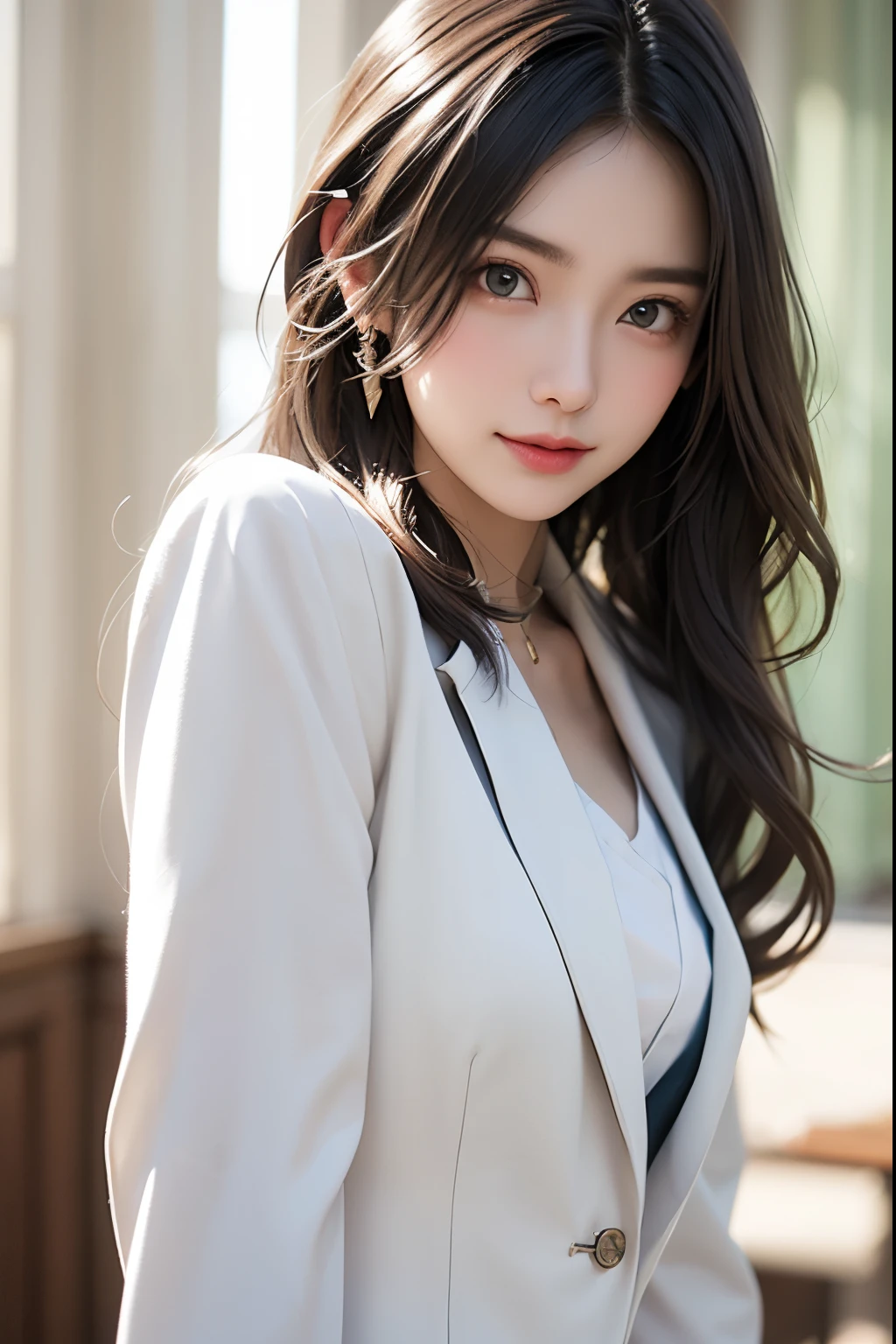 (facial expression: happy, ), (Type of clothing: business suit), (Color of clothes: white), (complexion ;  thin), perfect anatomy,  a woman,  Long Hair, green eyes, blush , 