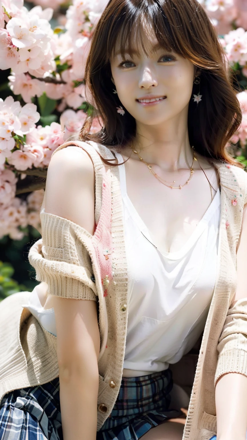 highest quality, masterpiece, ultra high resolution, (realistic:1.5), (close portrait) Raw photo, 1 girl, 22 years old, (((linen fabric dress))), (((pink shaggy knit outerwear))),((Handbag)),masterpiece, realistic pictures, japanese pictures, fuji negative film, saturation, contrast, Pocari Sweat Advertisement ((small breasts)),((smiling showing teeth)),long hair top ponytail,brown hair,