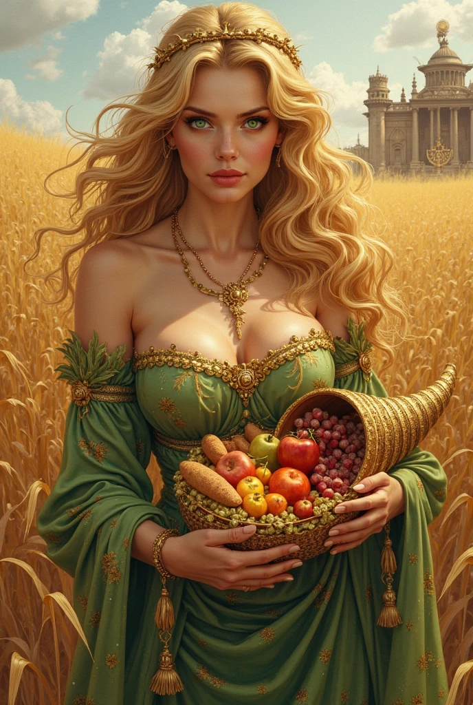 Greek mother goddess of harvest and agriculture, With dark blonde hair and light brown eyes, ((Wears dark green robe and crown of wheat)), Is smiling happily, Holding golden ear of wheat, Ancient Ionian barley field and mountain, Greek mythology, harvest, super high quality, ultra accurate description of hands, photorealistic, UHD, super detail, masterpiece, 8K