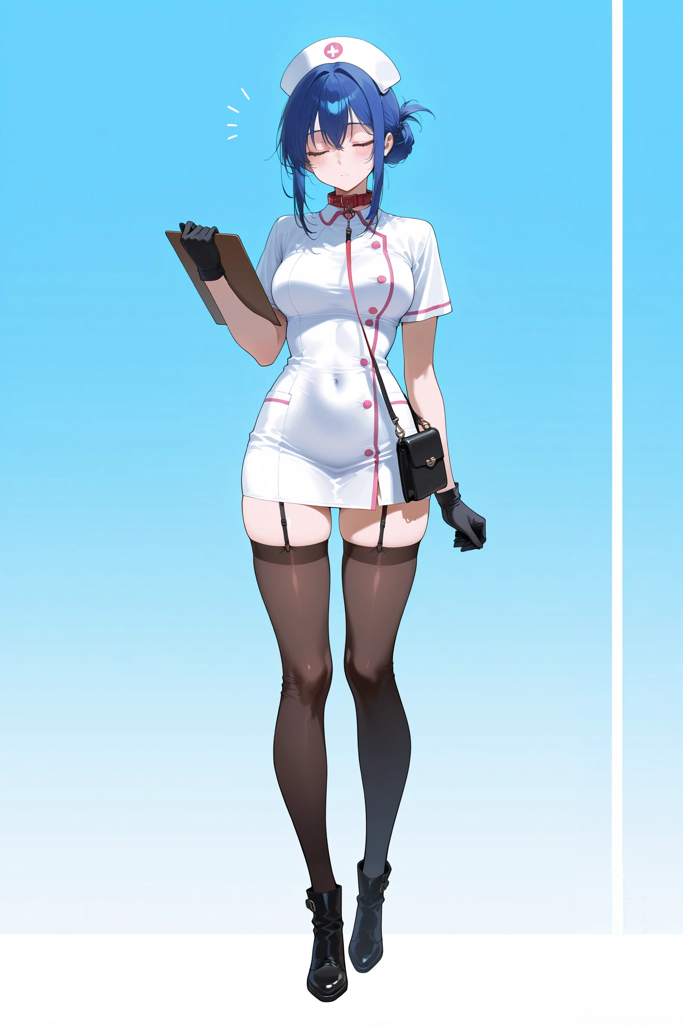 1 girl, alone, nurse, nurse cap, (white micro clothes:1.1), (Lace black panties:1.2),(put panties aside:1.5),((black legwear, zettai ryouiki, small breasts)), ((thin legs,thin waist)),white gloves, blonde, long hair, Moist blue eyes, droopy eyes, smile, Are standing, ((hospital room)), Kitchen knife in hand, Knife blood, stethoscope worn around the neck, sharp outline, short sleeve, highest quality, masterpiece