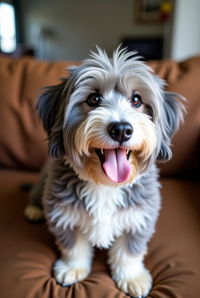 There's a small dog that's wearing a shirt on a couch, havanese dog, olhar desleixado, lhasa apso, um bonito, ele tem cabelos grisalhos escuros, Retrato Zeus, um louco de cabelos prateados, staring directly at camera, Looking towards the camera, pimenta, looking away from camera, staring directly at camera, com nariz pequeno, bonito