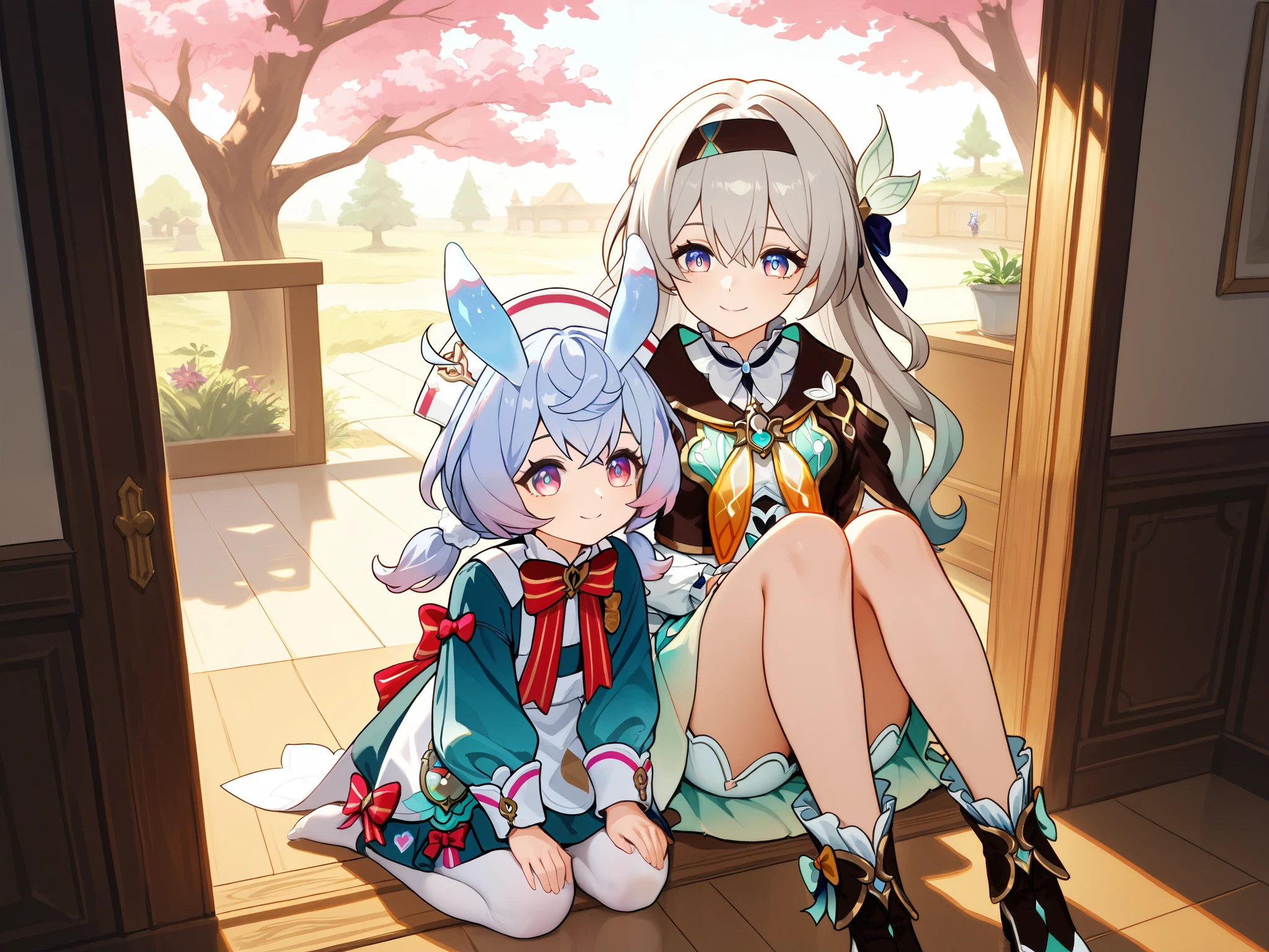 2 girls, (Masterpiece),Firefly (Honkai: Star Rail) ,Best quality, , длинные hair, Серые hair, in clothes, Sigewinne Genshin IImpact,Best quality, in clothes, голубые hair, hair, leans, , bedroom background, in front of her, front view, calm face, easy smile, , Lugu background, stand under a tree, shadow, , legs bent, ,
