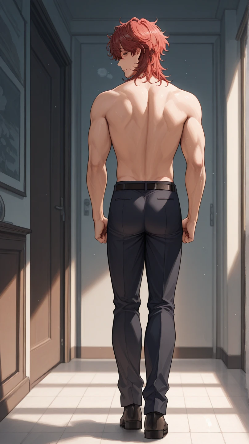 Beautiful full-length naked young man standing back, pumped-up man-butt, with head turned, bare buttocks, feet, beautiful, relaxed, wide back, thin, standing back, beautiful back, easy turn, back, muscular arms and legs, fully naked, bare buttocks, relaxed posture, standing in a floor pivot, head turning